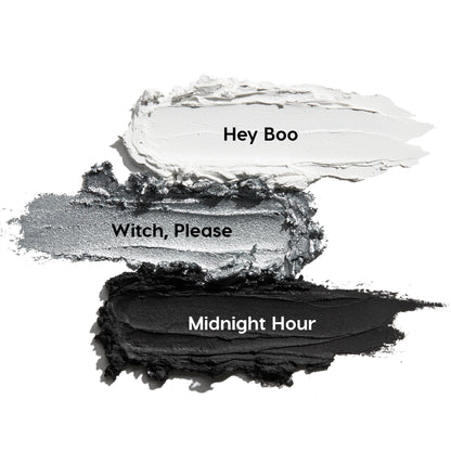 Totally Wicked ColourPop Shadow Stix trio swatches streak across a white backdrop - matte white Hey Boo, metallic silver Witch, Please, and matte black Midnight Hour - showcasing creamy, blendable eye color.