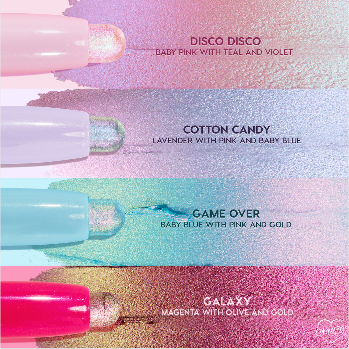 Colourpop Shadow Stix shade Galaxy shown as a bold magenta cream eyeshadow stick gliding across the skin, leaving a shimmering magenta with olive and gold duochrome swatch alongside three other pastel Shadow Stix shades for comparison.