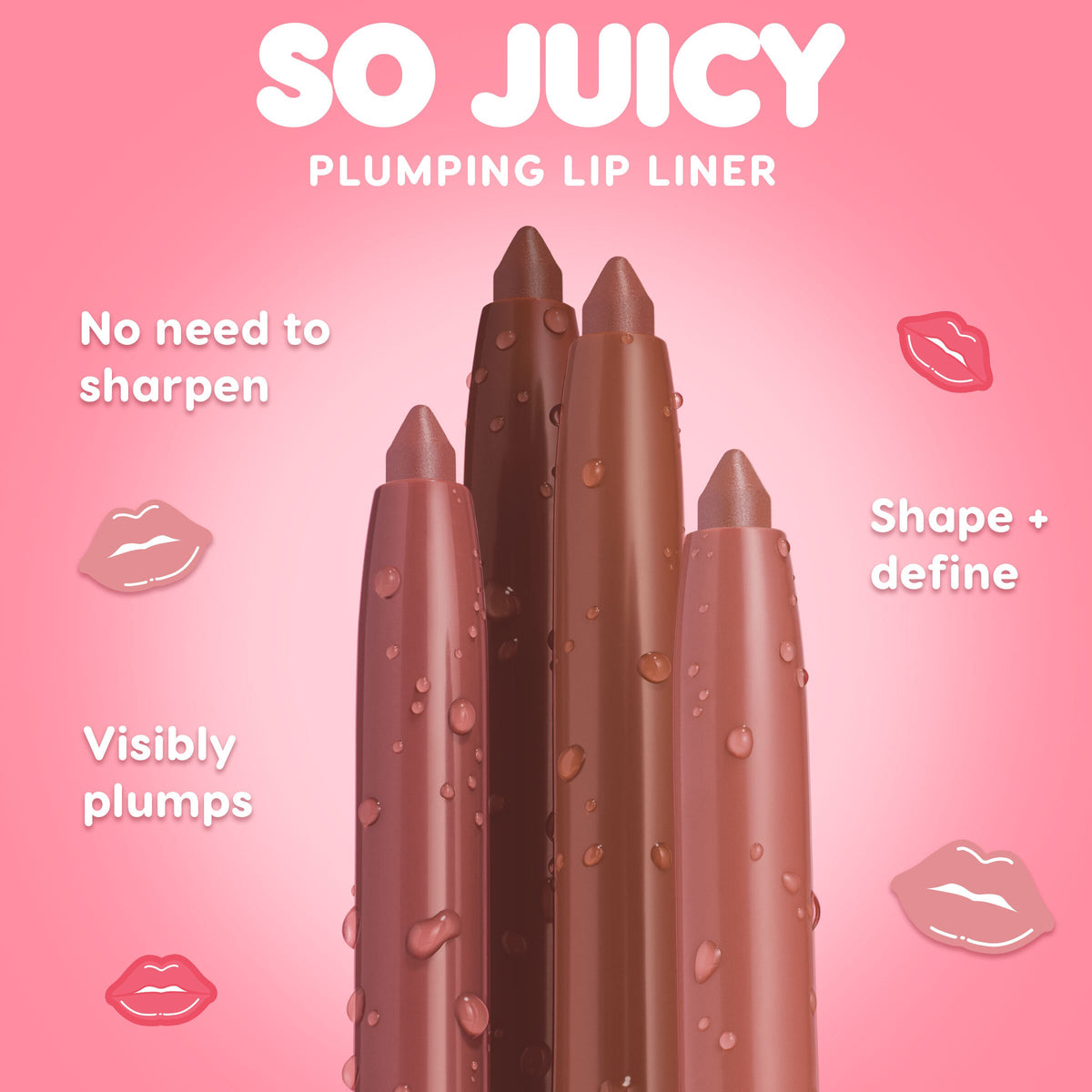 ColourPop So Juicy Plumping Lip Liner with Peptides, Love That - four twist-up lip liner pencils stand upright with dewy droplets, showcasing rosy-nude shades that visibly plump, shape, and define against a pink gradient background.