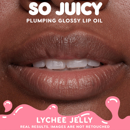 Close-up of lips wearing Colourpop Hits Diff So Juicy Plumping Glossy Lip Oil in Lychee Jelly, showing smooth, hydrated shine for a Lip Gloss & Lip Oil look against a pink branded background stating real, unretouched results.