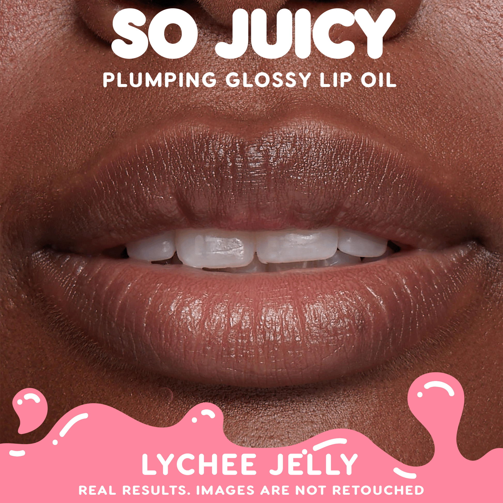 Close-up of plumped, hydrated lips wearing ColourPop So Juicy Plumping Glossy Lip Oil in Lychee Jelly, showcasing high-shine finish and smooth texture in a studio promo with “So Juicy” and “Lychee Jelly” text overlays.