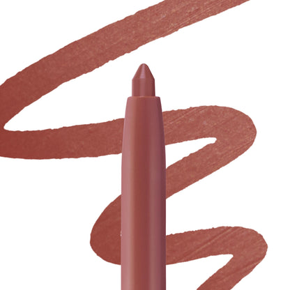 ColourPop So Juicy Plumping Lip Liner with Peptides in Group Chat, tip centered upright while a creamy rosy-nude swatch zigzags behind on white, showcasing smooth payoff and precise, plumping lip definition.