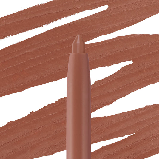 Lip liner pencil tip in shade Jaguar showcasing creamy, warm nude-brown color, set against bold matching swatch strokes on white, highlighting the ColourPop So Juicy Plumping Lip Liner with Peptides for precise, plumping lip definition.