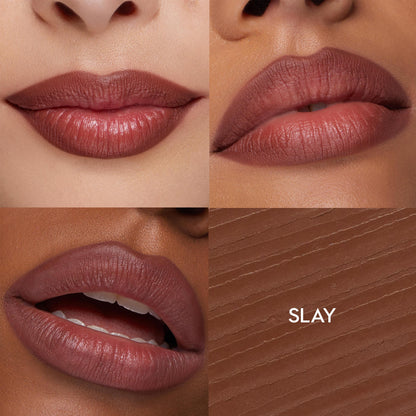 ColourPop So Juicy Plumping Lip Liner with Peptides in Slay defines and plumps lips on three skin tones in a four-panel grid, showing a neutral rose-brown shade and creamy payoff, plus a close-up texture swatch with the shade name.