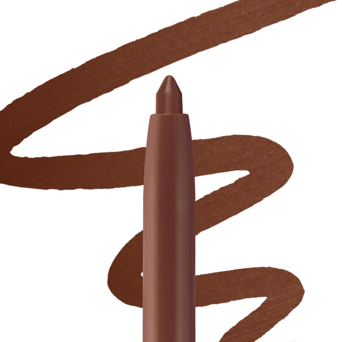 ColourPop So Juicy Plumping Lip Liner with Peptides in Slay draws a smooth, rich brown zigzag swatch on a white background, with the twist-up pencil tip shown in close-up for precise lip lining.