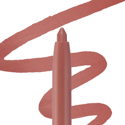 ColourPop So Juicy Plumping Lip Liner with Peptides in Westwood stands upright, drawing a smooth rosy-mauve swatch in a zigzag behind it on a white background.