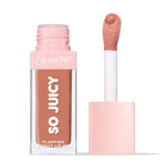 ColourPop So Juicy Plumping Glossy Lip Oil in It’s a Date shown with the pink cap off, a doe‑foot applicator holding peachy nude gloss beside the clear rectangular tube on a clean white background.