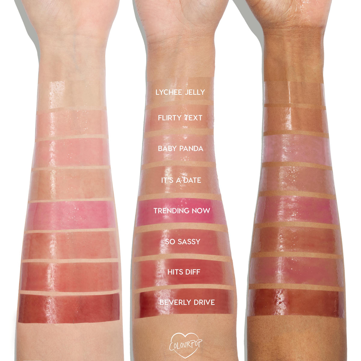 ColourPop So Juicy Plumping Glossy Lip Oil in Beverly Drive swatched on three arms from fair to deep skin tones; bottom swatch on each arm shows a warm rosy-brown tint with high-shine, plumping finish for comparison across complexions.