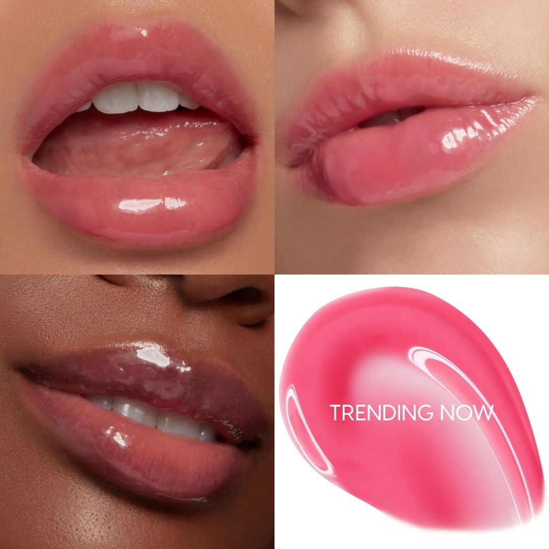 ColourPop So Juicy Plumping Glossy Lip Oil in Trending Now coats lips with a plumping, sheer rosy‑pink shine; four-panel close-up shows glossy wear on various lips and a matching pink swatch labeled Trending Now.
