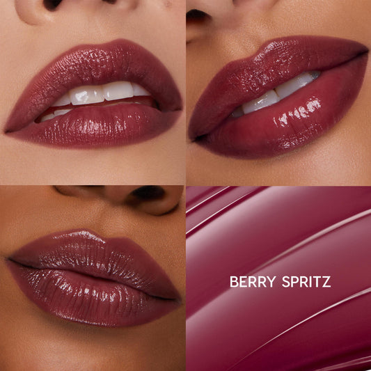 Lips wear Berry Spritz, a deep berry high-shine shade, shown on varied skin tones; a four-tile grid shows three glossy lip close-ups and one smooth formula swipe labeled Berry Spritz for the ColourPop So Juicy Plumping Gloss Balm with Peptides.