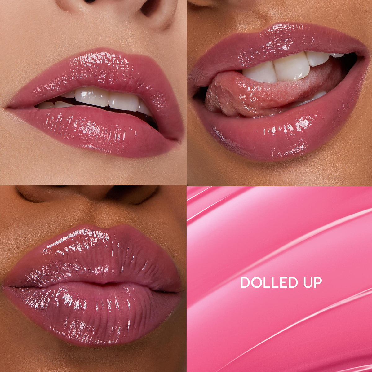 ColourPop So Juicy Plumping Gloss Balm with Peptides in Dolled Up glazing lips with a high-shine rosy-mauve finish, shown in a 4-panel grid of close-up wear shots alongside a glossy swatch panel labeled Dolled Up.