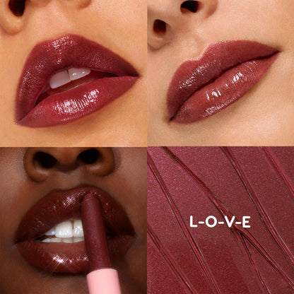 ColourPop So Juicy Plumping Gloss Balm with Peptides in L-O-V-E coats lips in a glossy berry‑plum finish, shown in a four‑panel grid with three model swatches - one applying the stick - and a matching textured smear spelling L‑O‑V‑E.