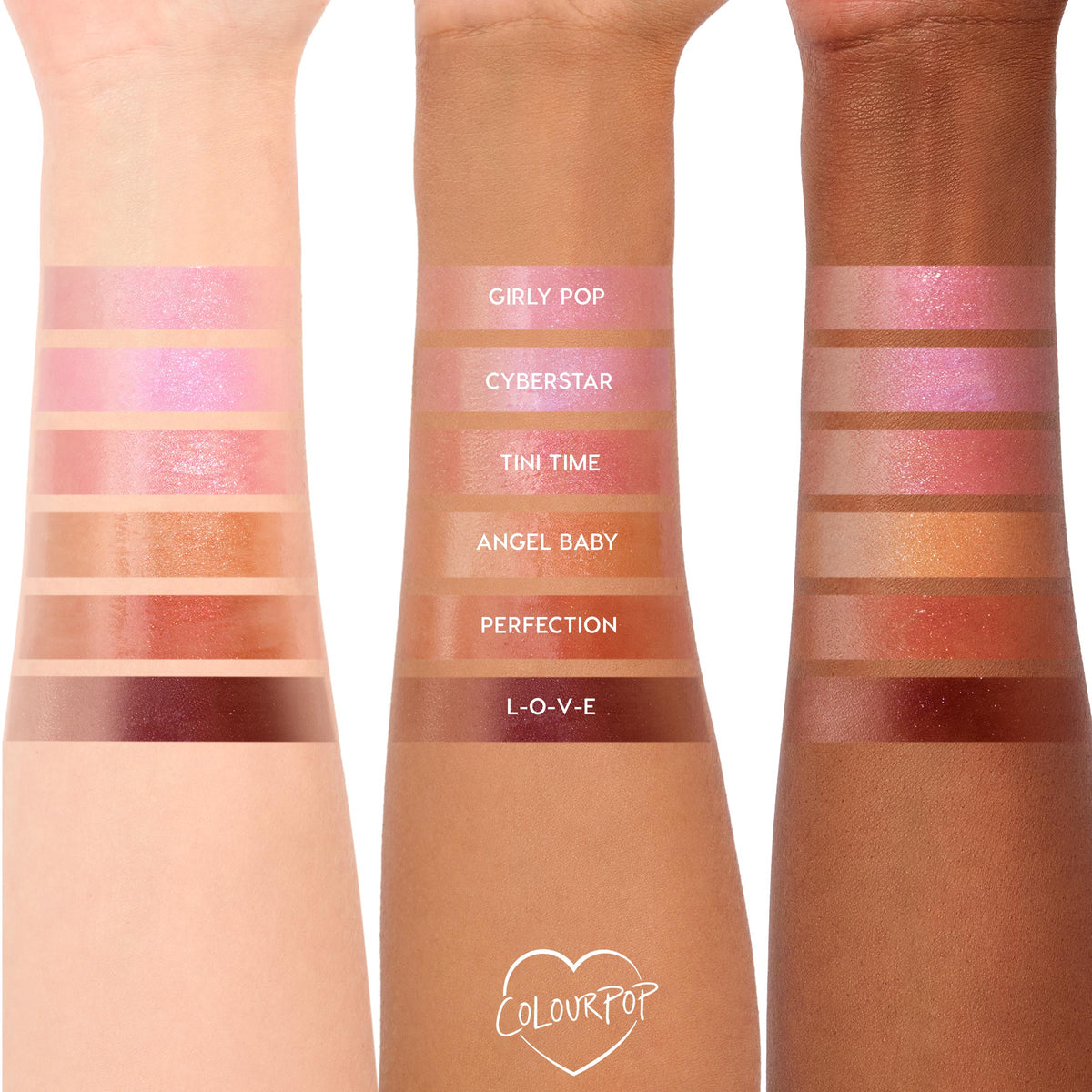 Tini Time shade swatch shines on three forearms, centered among labeled shades, showing a glossy pink‑nude glow; part of ColourPop So Juicy Plumping Gloss Balm with Peptides lineup on a white studio background.