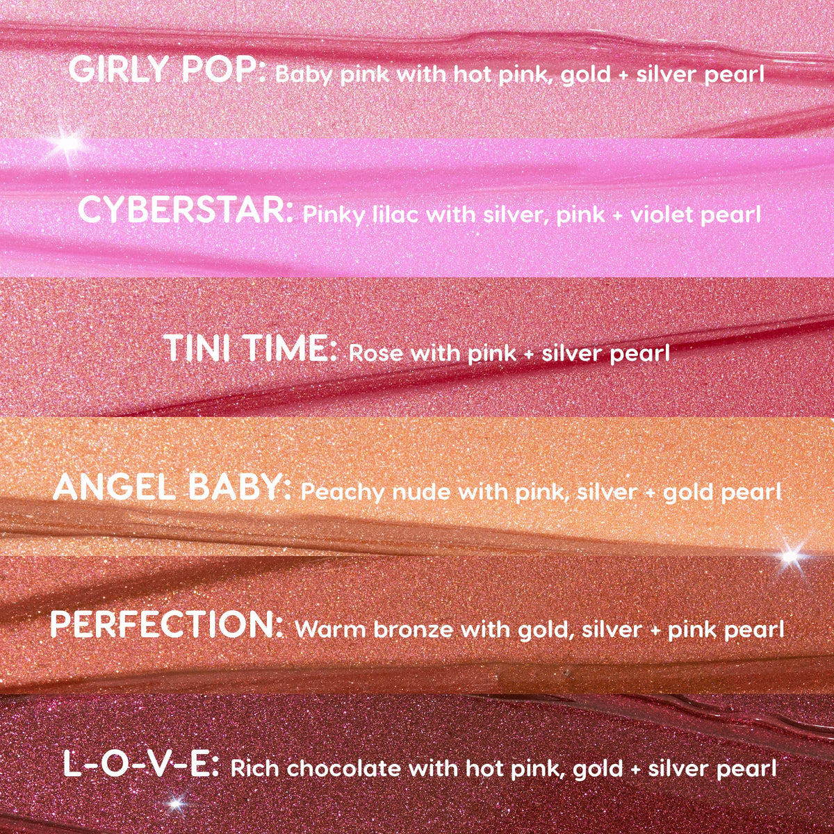 Angel Baby swatch glistening as a peachy nude with pink, silver, and gold pearl, presented among stacked shade strips; ColourPop So Juicy Plumping Gloss Balm with Peptides shown in a horizontal multi-shade swatch chart.
