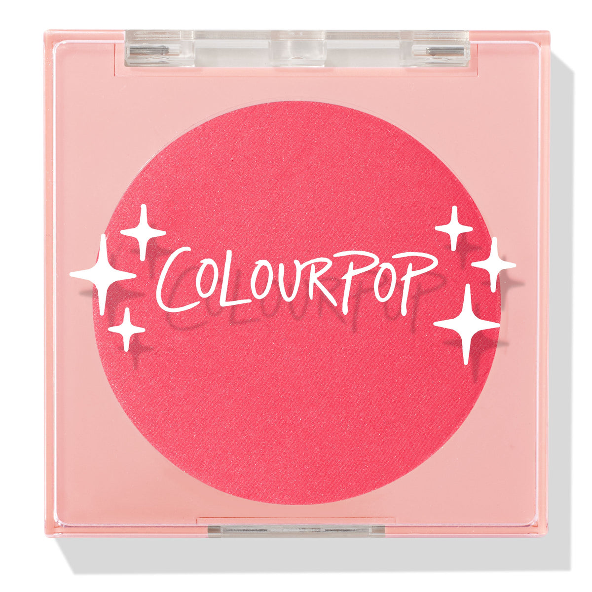 Staycation ColourPop Pressed Powder Blush compact, closed, showing a vivid coral-pink round pan under a clear square lid with white sparkle graphics and ColourPop logo, shot on a white background with a soft shadow.