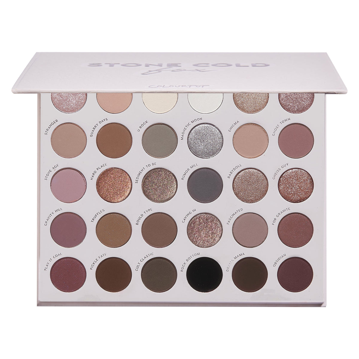Stone Cold Fox ColourPop Shadow Palette displays 30 cool‑toned neutrals - taupes, mauves, grays, and charcoals - in matte and shimmer finishes, arranged in rows inside a white rectangular case with a soft pink lid and printed shade names.