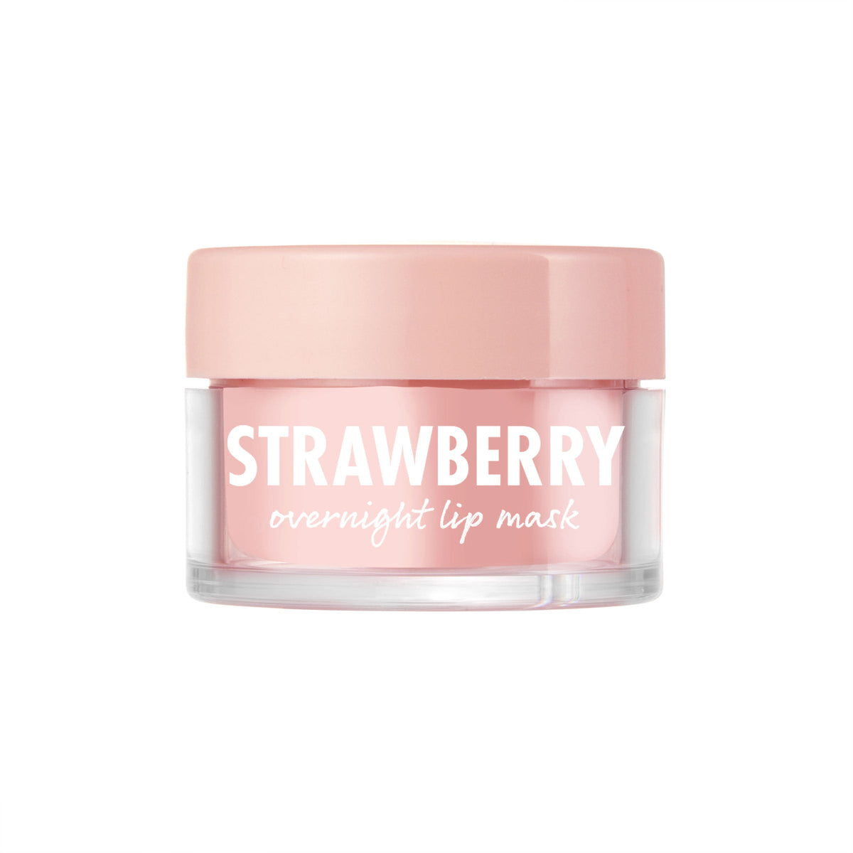 ColourPop Strawberry Lip Mask shown in a clear glass jar with a blush-pink screw lid, white STRAWBERRY label, and soft pink balm; overnight lip treatment staged on a white background for an ecommerce product photo.
