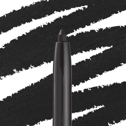 ColourPop Crème Gel Liner in Swerve drawing bold matte-black strokes, shown as a twist-up eyeliner tip against a backdrop of thick black swatches, highlighting creamy, long-wearing, smudge-proof formula for precise eye definition.