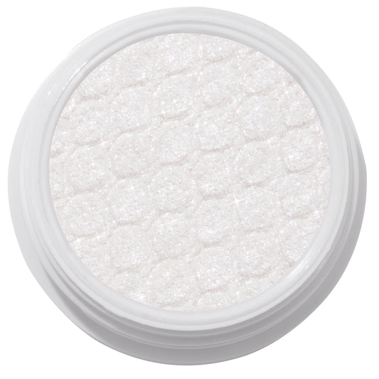 ColourPop Super Shock Shadow Tassel, a shimmering icy white cream-to-powder eyeshadow catching light across its quilt-textured pan inside a white round pot, shown in a crisp studio close-up on a white background.