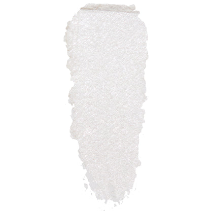 Tassel Super Shock Shadow by ColourPop - pearly white eyeshadow swatch shimmering with icy silver microglitter - smeared in a single swipe to show creamy texture and high-shine finish, on a clean white background.