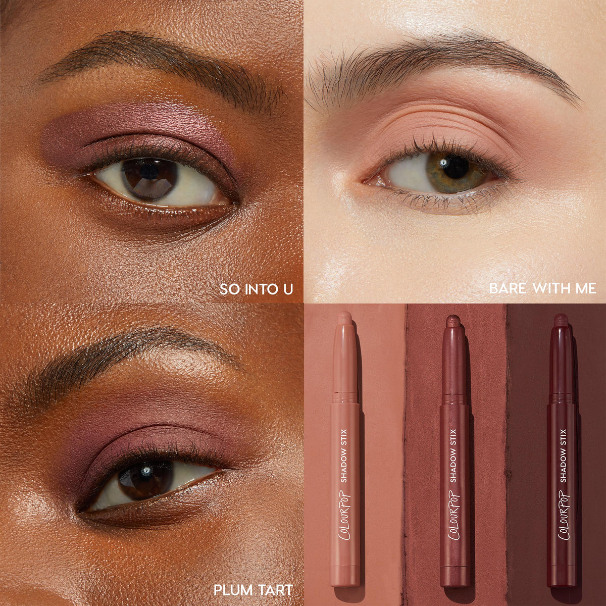 ColourPop Shadow Stix Burgundy Besties showcases three shades - So Into U, Bare With Me, and Plum Tart - worn on eyelids in a split grid, with the matching nude, burgundy, and deep plum Shadow Stix displayed on tonal backdrops.