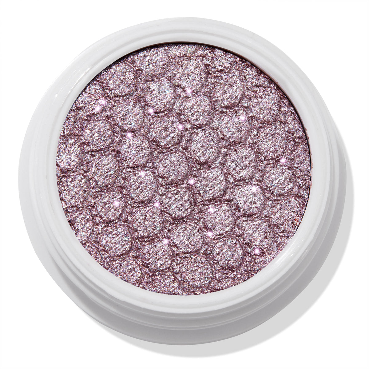 ColourPop The Griffith Super Shock Shadow eyeshadow showing a metallic cool-toned lavender-pink shimmer, pressed with a quilted honeycomb texture in a white round pot, reflecting silver sparkles for high-shine lids.
