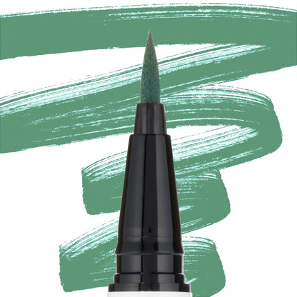Fine felt-tip of ColourPop BFF Liquid Liner in The Hills gliding green pigment, shown with broad green swatches on a white background, highlighting the precise point for sharp eyeliner wings.