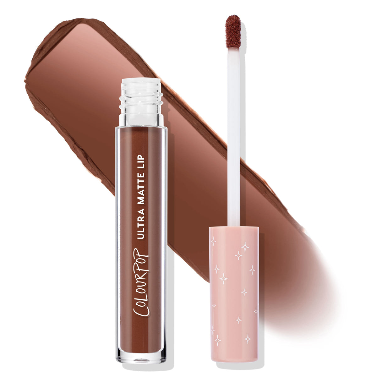 ColourPop Ultra Matte Lip in Toast, a warm cocoa brown liquid lipstick, shown open with doe-foot applicator and blush cap with white stars beside a bold matte swatch on a white background, highlighting its long-wear, high-pigment finish.
