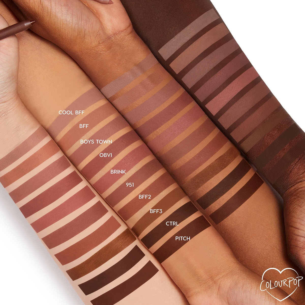 ColourPop Lippie Pencil BFF2 swatched on multiple arms, showing the warm brown liner band labeled “BFF2” among other nude shades; neat horizontal stripes highlight smooth, pigmented color payoff across varied skin tones.