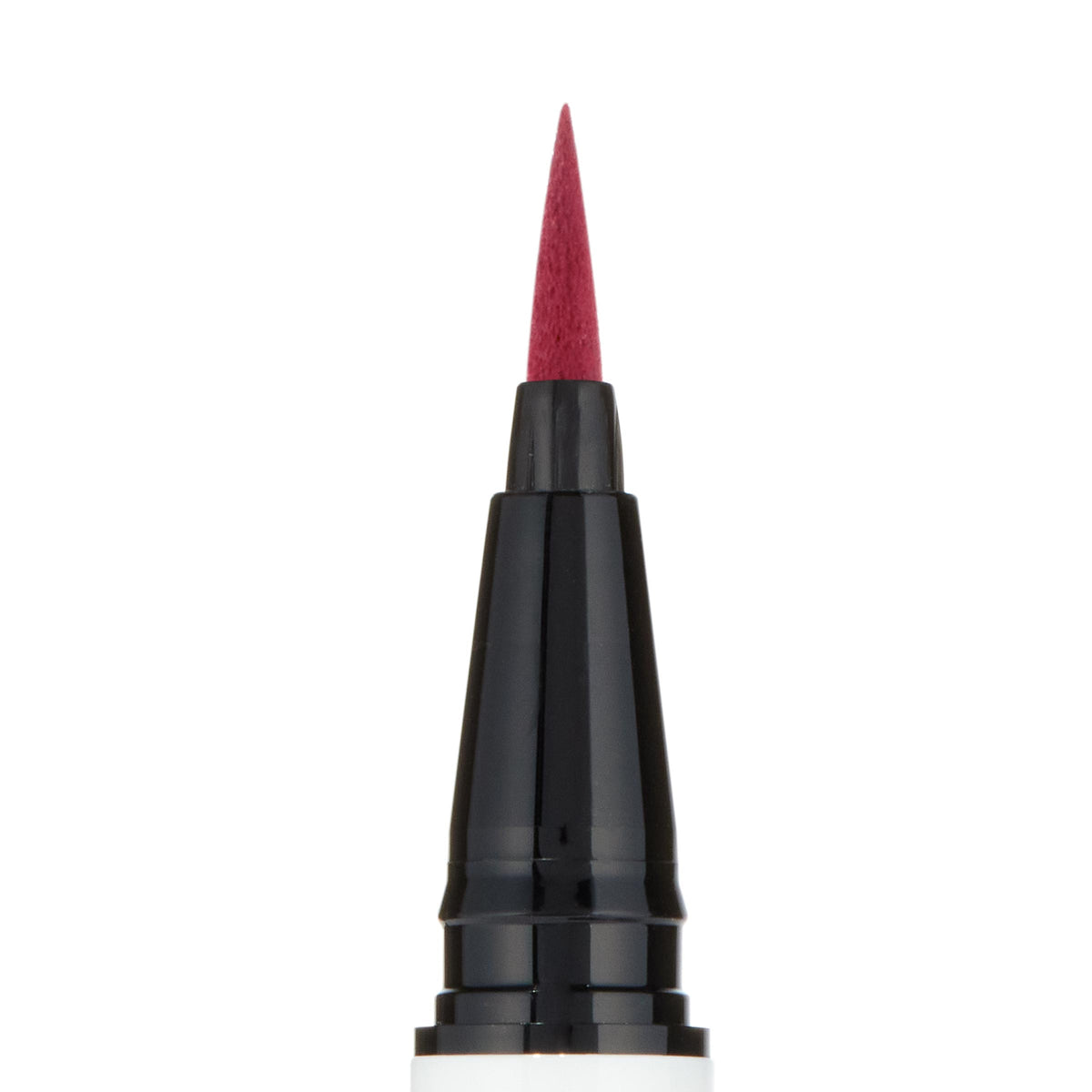 Felt-tip applicator poised to draw crisp lines, macro close-up of the Try Me shade (deep berry red) from the ColourPop BFF Liquid Liner, centered on a black-and-white pen barrel against a white background.