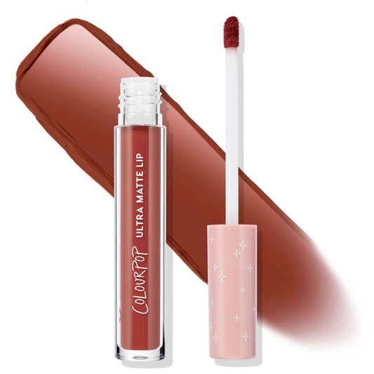 Tulum ColourPop Ultra Matte Lip liquid lipstick swatched in warm terracotta; clear tube labeled ULTRA MATTE LIP beside a doe-foot applicator with pink star cap, shown open on a white background.