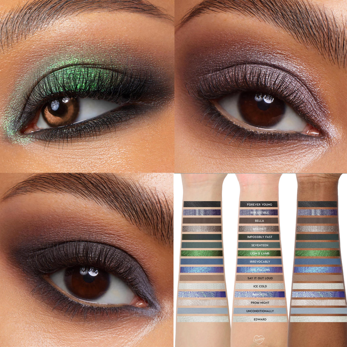 Twilight Forever palette trio eyeshadow looks and arm swatches showing metallic green, plum, navy, silver, taupe and neutral Twilight-inspired shades on multiple skin tones in a 4-panel grid for ColourPop makeup shoppers in the US.