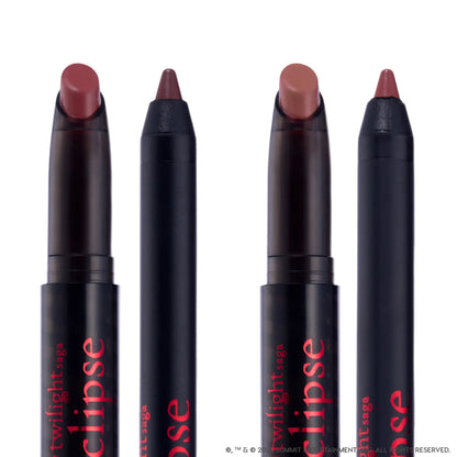 Immortal Kiss Lippie Stix Duo from the Twilight collection standing upright against a white background, showing two creamy mauve-brown lipstick crayons and two matching liners in sleek black tubes with red Eclipse branding.