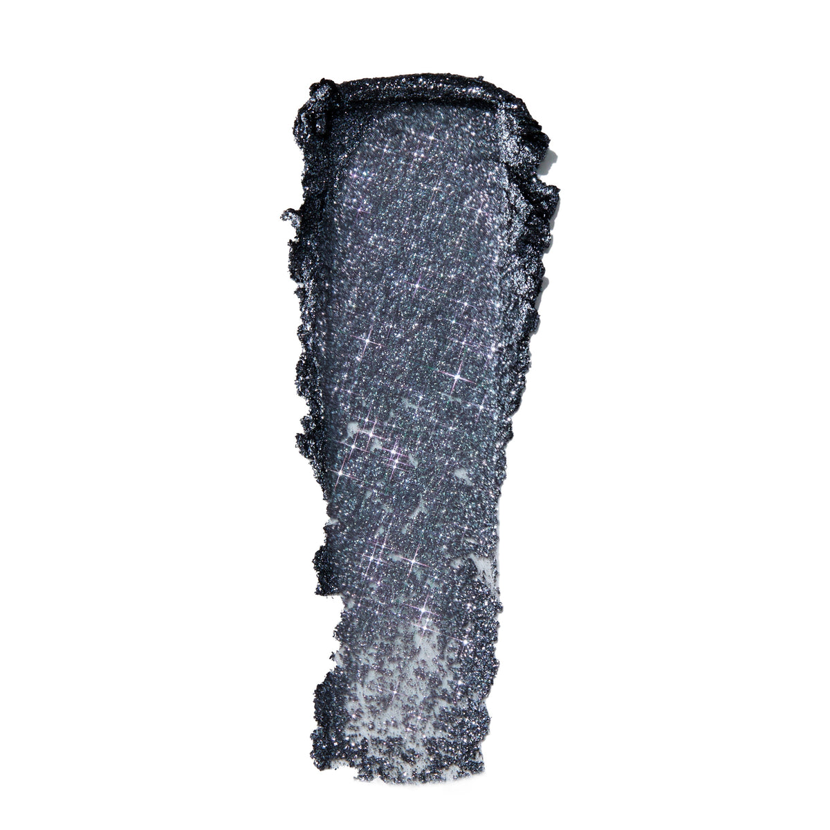 Swatch of ColourPop Twilight collection Jelly Much Shadow in Newborn Army, a deep charcoal gray cream eyeshadow packed with silver and multicolor sparkle, shown in a single thick streak on a clean white background.