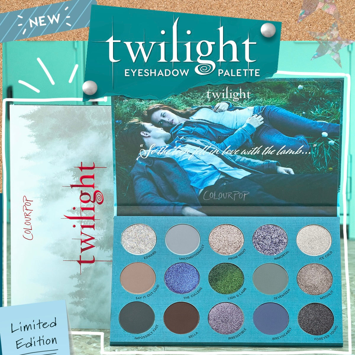ColourPop Twilight Shadow Palette open to reveal 16 cool‑toned mattes and shimmers - shade names like Edward, Bella, and Lion & Lamb - in a teal case with a romantic meadow scene inside the lid; limited edition eyeshadow palette.