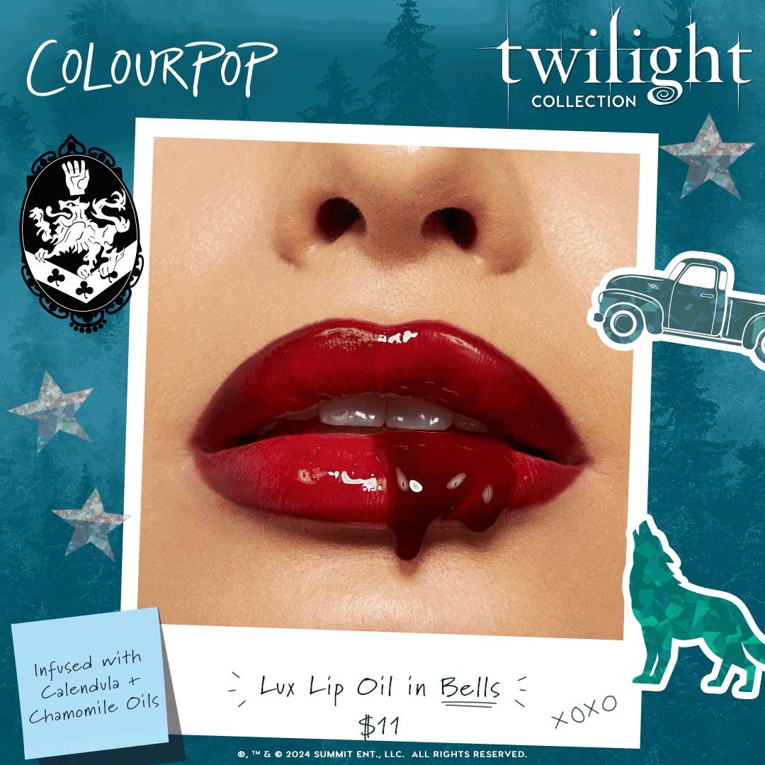 High-shine red lips showcase ColourPop Lux Lip Oil in Bells, gloss dripping from the lower lip; Twilight Collection promo background with wolf and truck graphics highlights infusion of calendula and chamomile oils, $11.