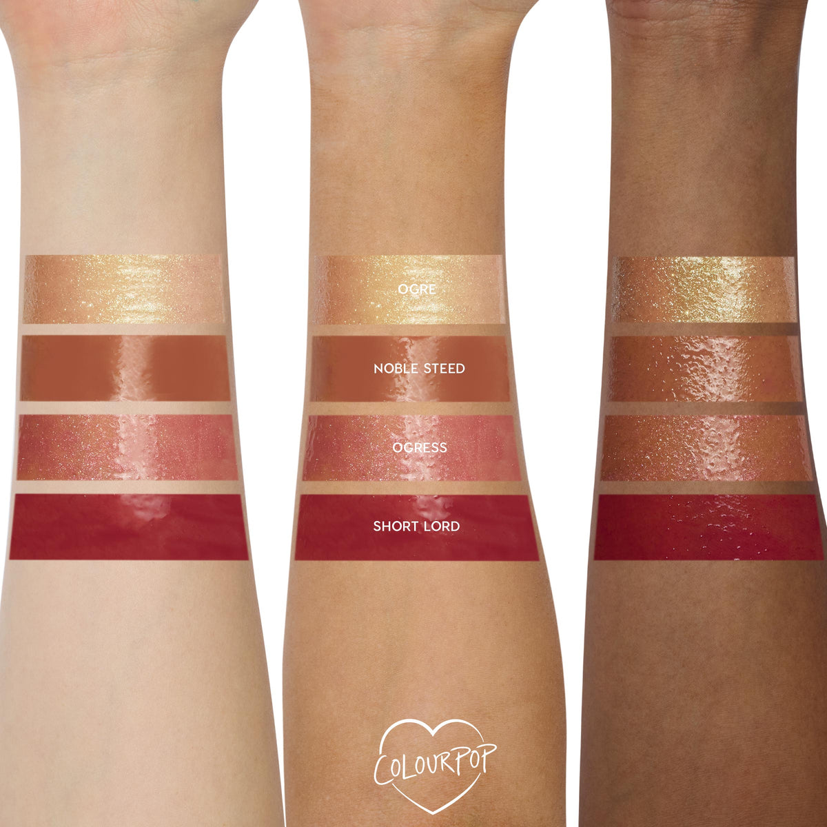ColourPop Ultra Glossy Lip in Ogre swatched on three skin tones - top swatch shows a sheer gold gloss with fine sparkle and high-shine finish; comparison stripes of Noble Steed, Ogress, and Short Lord appear below for reference.