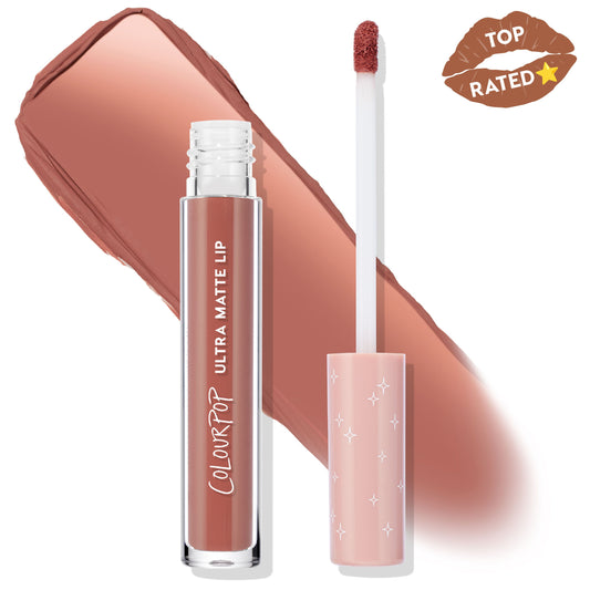ColourPop Ultra Matte Lip in Fifth Avenue shown with doe-foot applicator open beside a large warm rosy nude swatch, clear tube labeled Ultra Matte Lip, starry peach cap, and a Top Rated lip-print badge.