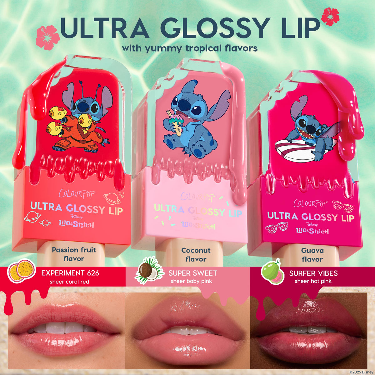 ColourPop Ultra Glossy Lip Experiment 626 delivers a sheer coral-red, passion fruit–flavored shine, shown in a popsicle-shaped tube with Stitch artwork and a lip swatch, from the Disney Lilo & Stitch collection on an aqua background.