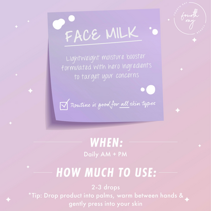 ColourPop Face Milk Oat Face Milk infographic shows usage tips - apply 2–3 drops daily AM and PM - on a lavender sticky-note style card with white bubble accents and a Fourth Ray Beauty logo over a pink‑purple gradient background.