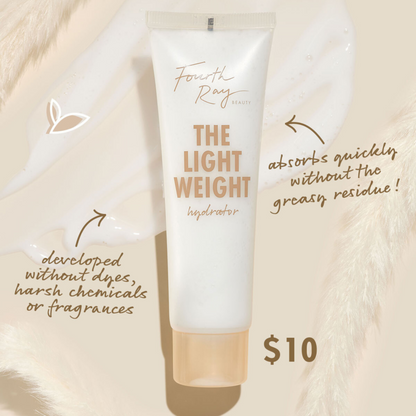 Fourth Ray Beauty The Lightweight hydrator tube stands upright, with a milky swatch and notes claiming dye-, harsh-chemical-, and fragrance-free, fast-absorbing, non-greasy; $10 on a beige backdrop; ColourPop Face Moisturizer.