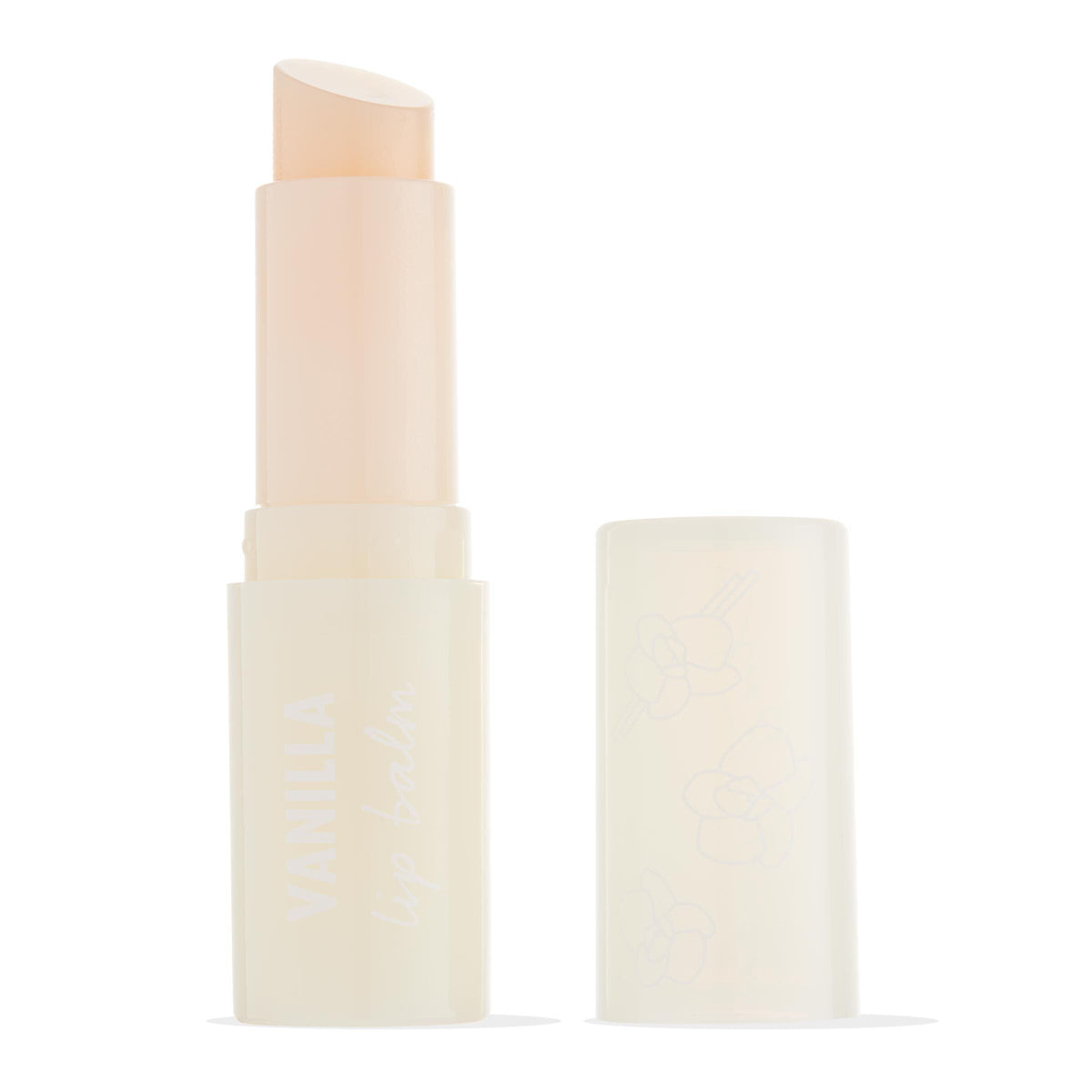ColourPop Vanilla lip balm stick uncapped, creamy beige bullet twisted up beside a frosted translucent cap with delicate floral icons on a white studio background.