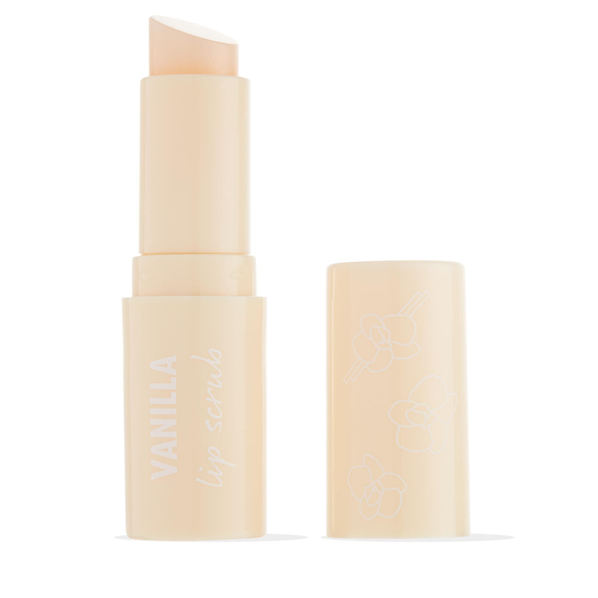 Vanilla Lip Scrub twist-up stick standing with cap off, slanted balm tip exposed; pale beige tube reads “Vanilla lip scrub” with matching cap featuring orchid line art, on white background - ideal prep for ColourPop lip color.