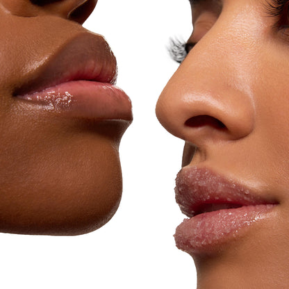 Two sets of lips demonstrate the Triple Chocolate ColourPop Lip Care Kit: one pair buffed with visible sugar scrub crystals, the other coated in glossy balm, close-up on white background.