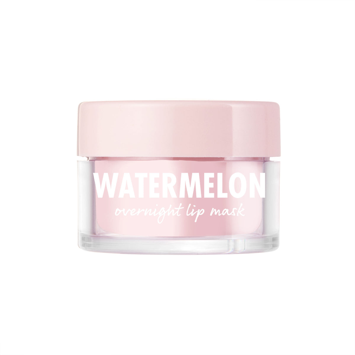 ColourPop Watermelon Lip Mask shown in a small clear glass jar with a pale pink lid, the light pink overnight formula labeled “WATERMELON” in white, sitting centered against a clean white background.