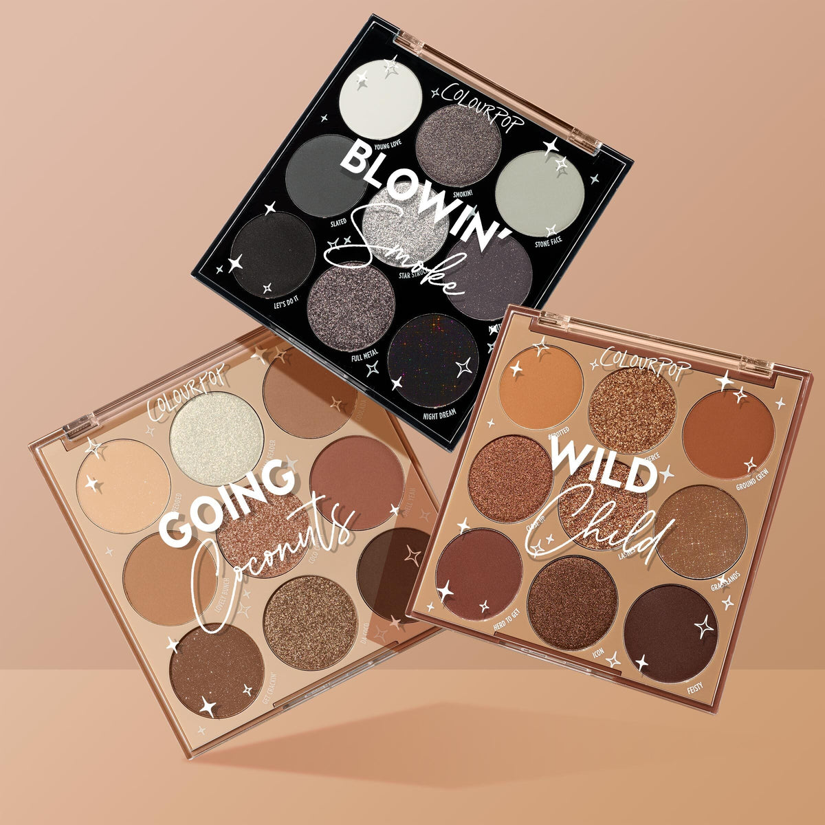 Tone Up ColourPop Shadow Palette Set showcases three nine-pan palettes - Blowin' Smoke (charcoal greys), Going Coconuts (neutral nudes), and Wild Child (warm browns) - angled on a beige background, featuring matte and shimmer finishes.