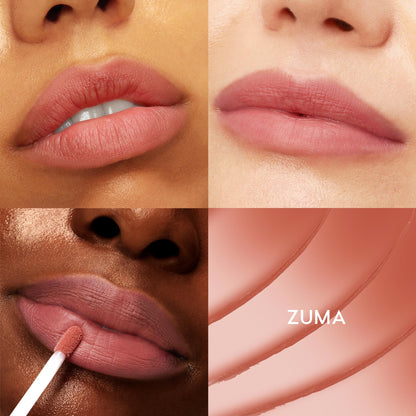 ColourPop Zuma Ultra Blotted Lip coats three close-up lips in a soft matte warm rosy nude; one lip shows a doe-foot applicator applying color, alongside a matching swatch panel labeled ZUMA in a four-square grid.