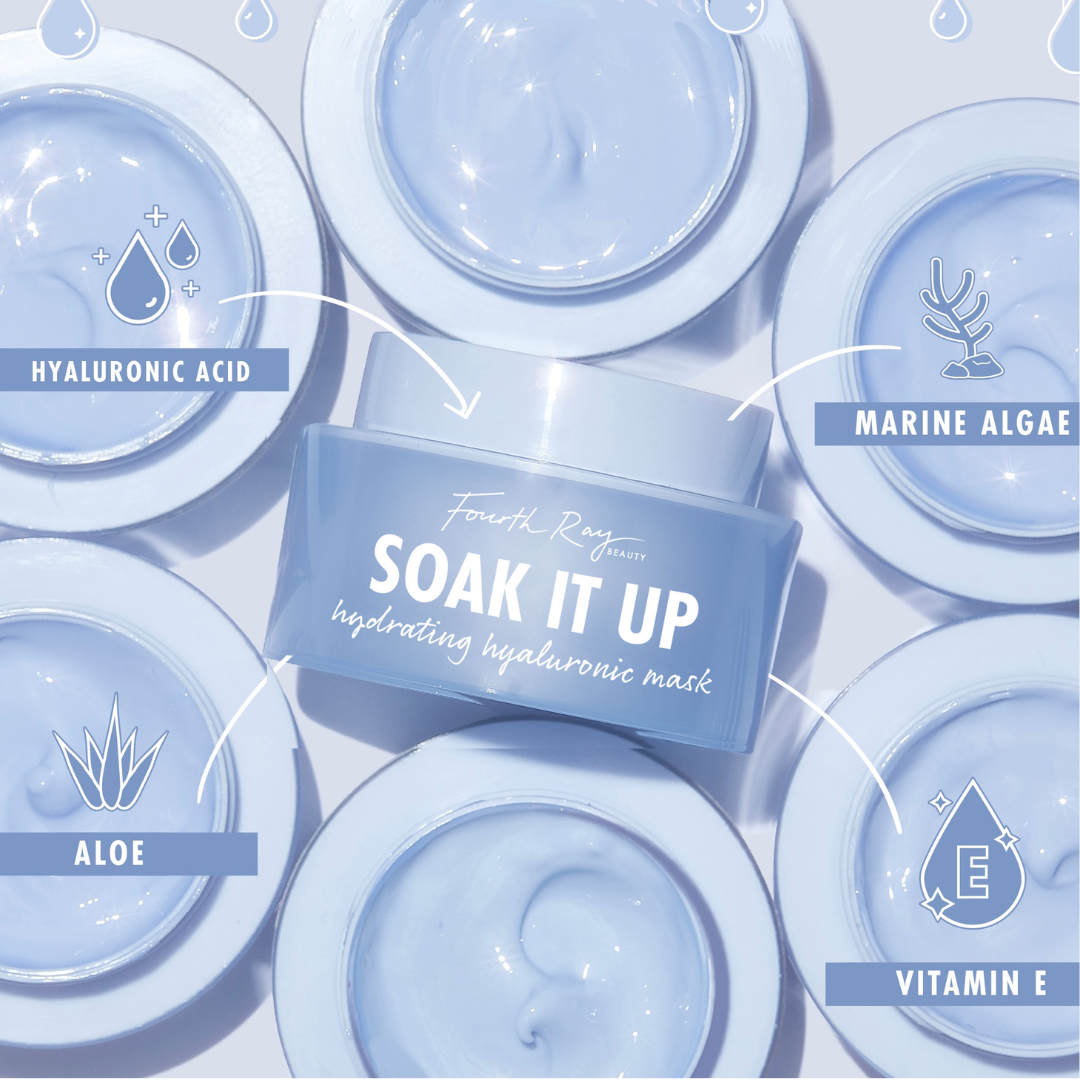 Soak It Up Hydrating Mask jar tilted amid open pots of pale blue cream, showcasing a ColourPop Face Mask by Fourth Ray Beauty; callouts highlight hyaluronic acid, aloe, marine algae, and vitamin E for dewy, hydrating skincare.