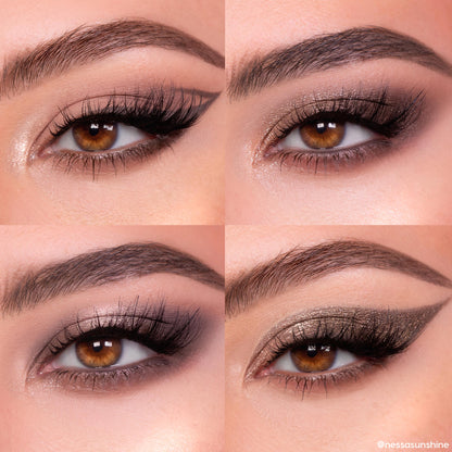 Four close-ups of brown eyes showcasing taupe smoky looks created with That’s Taupe ColourPop Shadow Palette; matte and shimmer neutrals blended with winged liner, glitter cut-crease, and inner-corner highlight, arranged in a clean quad collage.