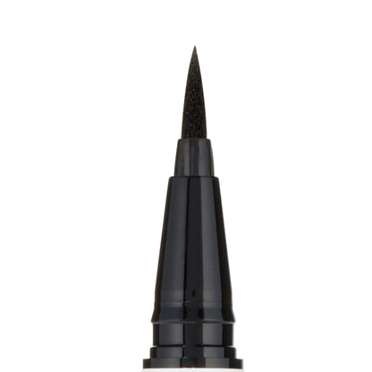 Felt-tip applicator delivering precise black lines, shown as a close-up of the ColourPop BFF Liquid Liner in Numero Uno, with the sharp black tip and glossy black pen housing centered against a clean white background.